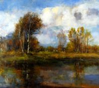 LEONARD BEARD oil on board - river running through woodland, signed and dated 1981, 66 x 74cms