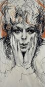 ANDREW VICARi mixed media - head and shoulders of a female holding her head in her hands entitled