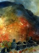 ROB PIERCY mixed media - derelict cottage at base of mountain, entitled verso ‘Blaen Cwm Pennant’,