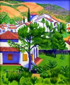 NORMAN CHECKETTS oil on canvas - Spanish village with trees and mountain, 72 x 59cms