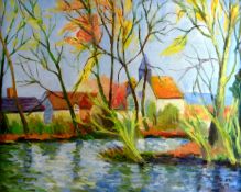 RALPH SPILLER oil on board - view across a river to a church, entitled verso ‘Church in Provence’,