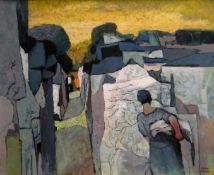 JOHN ELWYN oil on canvas - alleyway scene with woman and basket of washing, signed front and verso