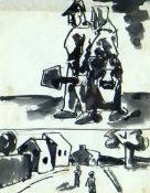 JOSEF HERMAN colourwash - two scenes being figures walking and two figures in a street, entitled