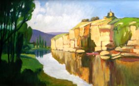 RALPH SPILLER acrylic - meandering river below church on high rocks, entitled verso, ‘Cirque de