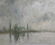 GARETH PARRY oil on board - entitled verso ‘Port Talbot Llanw Uchel / Port Talbot High Tide’,