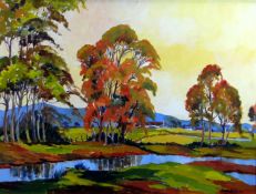 GWYN RICHARDS oil on board - tree lined river with farm buildings in distance, entitled verso ‘