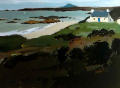 DONALD McINTYRE oil on board - Anglesey coast, entitled ‘Cottage and Holyhead Mountain’, 29 x 38cms