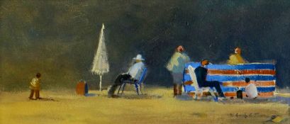 GARETH C THOMAS oil on board - figures on the beach, entitled verso on Attic Gallery label ‘Beach