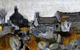 OWEN MEILIR oil on board - a homage to Gwilym Prichard with Anglesey farm and cottages and