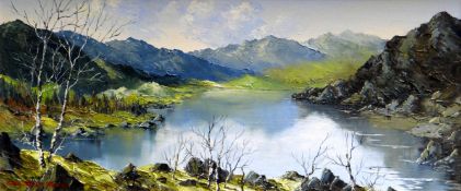 CHARLES WYATT WARREN oil on board - Snowdonia scene entitled verso ‘Llyn Cwm Bychan’, 24 x 54cms