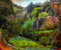 ESTHER GRAINGER oil on canvas - Mediterranean valley scene, signed and entitled verso ‘Rocks and