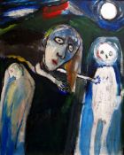 IWAN BALA oil on canvas - haunting study of three figures in a landscape, unsigned, 110 x 90cms.