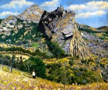 CHRISTOPHER HALL oil on board - farmer looking up to Mediterranean mountain village entitled
