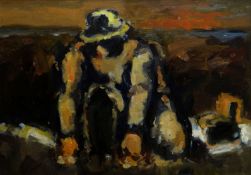 DAVID GRIFFITHS oil on canvas kneeling man tending to the garden, in the manner of Josef Herman,