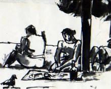 JOSEF HERMAN colourwash - figures at leisure with bird, entitled verso ‘Picnic Under Tree’, 13 x