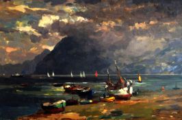 GYRTH RUSSELL oil on canvas - Scandinavian fjord scene with beached sailing boats, yachts and