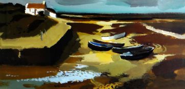 DONALD McINTYRE acrylic - five beached boats with figure by a cottage, signed and with original