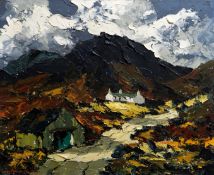 CHARLES WYATT WARREN oil on board - track leading to Snowdonia farmhouse, entitled verso ‘Hill Farm,