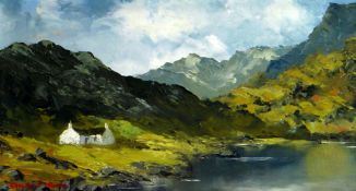 CHARLES WYATT WARREN oil on board - whitewashed cottage at edge of lakeside, entitled verso ‘Hafod