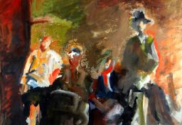 JOHN UZZELL EDWARDS mixed media - figures in a landscape, entitled verso ‘Family Group’, 38 x 55cms