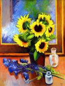 RALPH SPILLER oil on canvas - still life of sunflowers in vase and bottles, initialled and dated ‘