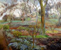 ESTHER GRAINGER oil on canvas - path through woodland, entitled verso ‘The Orchard in Spring’,
