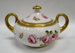 A SWANSEA PORCELAIN SUCRIER & LID of fluted form with gilded elevated loop handles and finial,