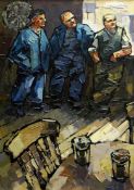 IFOR PRITCHARD oil on canvas triptych - quarrymen in conversation in a pub, each signed, 45 x 32cms