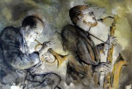 VALERIE GANZ mixed media - portraits of two musicians playing jazz - a saxophone and a flugelhorn