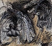 CERI RICHARDS mixed media - entitled verso on Abbott & Holder label ‘Australian Lyre Birds’,