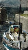 JOHN KNAPP FISHER watercolour - fishing boat M218 tethered at Porthgain harbour, signed and dated