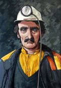 ALAN WILLIAMS acrylic on canvas - head and shoulders portrait of coal miner, entitled verso ‘Miner’,