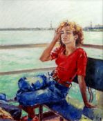 DAVID GRIFFITHS oil on board - seated female with Venice across the lagoon in background, entitled