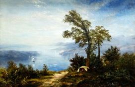 RICHARD SEBASTIAN BOND oil on canvas - a historical scene of the Menai Straits and the Suspension