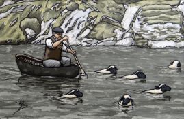 ALAN WILLIAMS acrylic on board - shepherd in coracle boat herding stray sheep, signed, 50 x 75cms