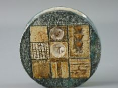 A TROIKA POTTERY WHEEL VASE with blue green textured body and incised semi-glazed geometric