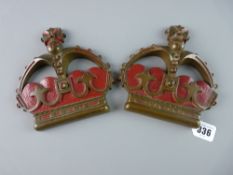 A PAIR OF CAST BRONZE/BRASS MOUNTS, Queen Elizabeth II crown emblem with red highlighting, 15 x 16
