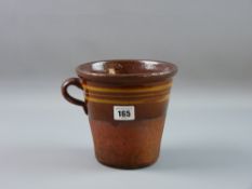A LARGE BUCKLEY POTTERY MUG, Welsh terracotta semi-glazed body with triple band slipware decoration,