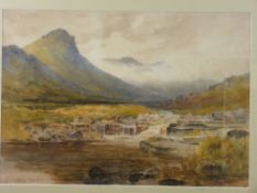 A MOULTON FOWERAKER watercolour - misty mountain and river scene, signed and with title and other