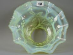 AN EXCELLENT VICTORIAN VASELINE GLASS LAMPSHADE with 25 cms diameter frilly edge, embossed floral