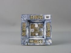 A TROIKA POTTERY SQUARE DISH with a mottled grey blue finish and incised abstract design, marked
