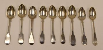 NINE GEORGIAN ENGLISH / IRISH SILVER SORBET SPOONS including Dublin 1826, 5.9ozs total