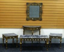 A SUITE OF REPRODUCTION FRENCH ARBORITE FURNITURE comprising Long John coffee table, half moon table