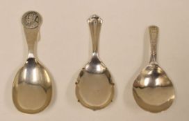 THREE ENGLISH SILVER CADDY SPOONS including Georgian example with engraved decoration, 1937