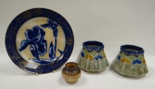 A PAIR OF DOULTON LAMBETH VASES in green-ground with cobalt blue detail and decorated with