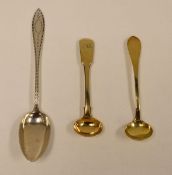 THREE ENGLISH SILVER SPOONS comprising an engraving decorated dessert spoon, Birmingham 1818, a
