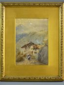 LATE 19th CENTURY CONTINENTAL SCHOOL watercolour - mountainscape with old dwellings and figure on