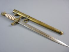 A WWII GERMAN NAVY OFFICER'S DAGGER in brass scabbard, gilt metal eagle with swastika pommel and