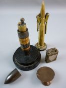 WWI - WWII TRENCH ART to include two shell case lighters, a cover in the form of an officer's peaked