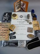 A COLLECTION OF GERMAN SS MEMORABILIA to include an office desk weight, an officer's cap eagle and